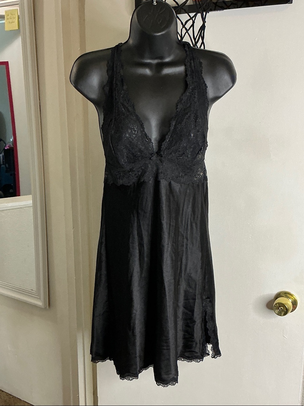 Victoria's Secret Black Lace Trim Satin Mini Chemise Slip